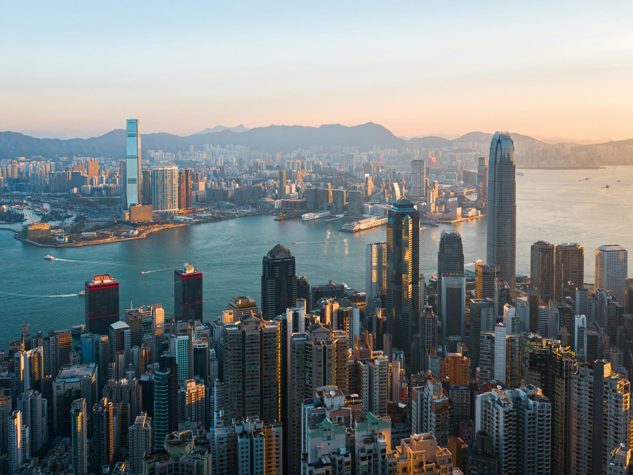 Hong Kong and Victoria Harbour seen from Victoria Peak at sunset