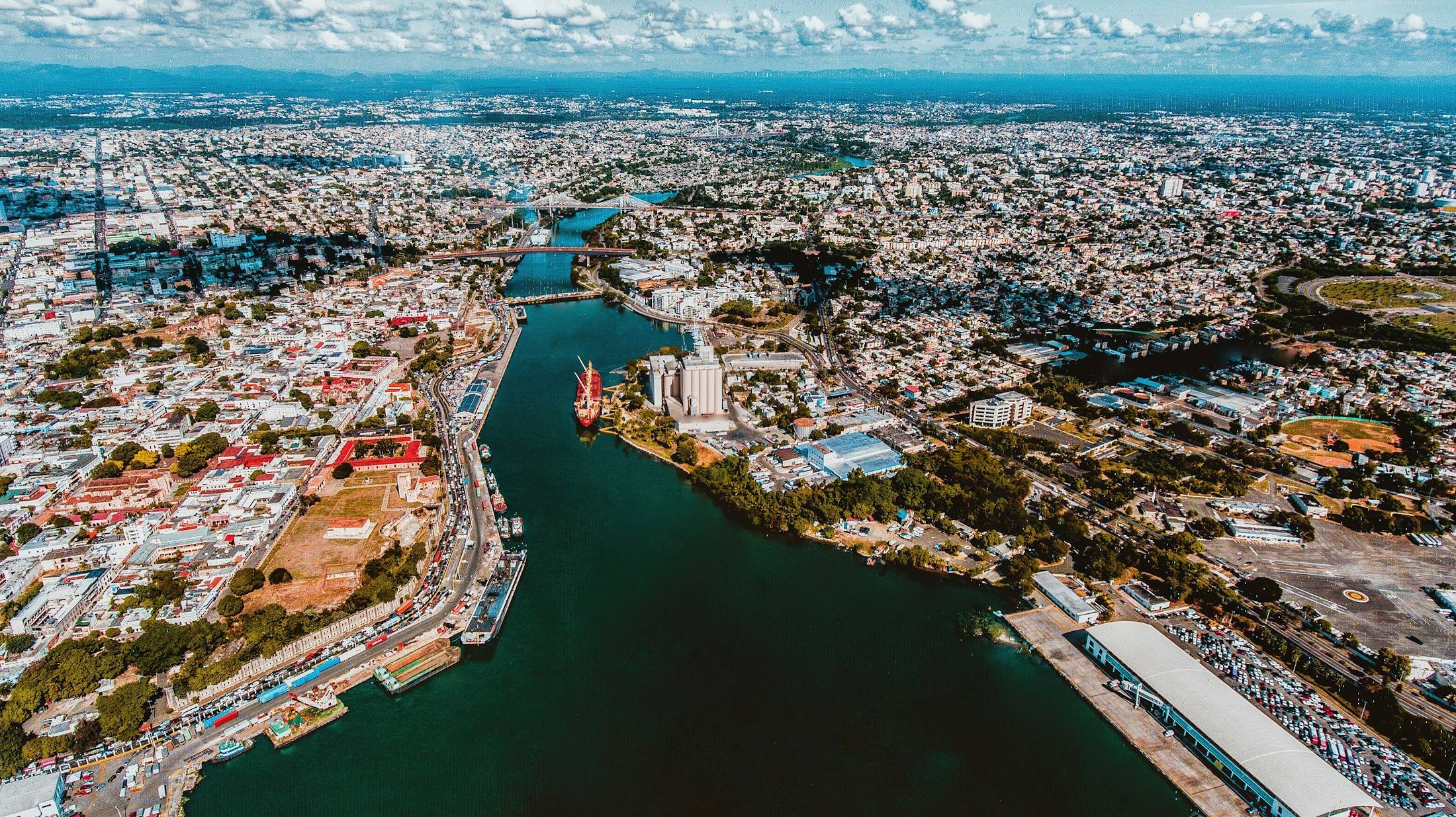Aerial view of Santo Domingo, the Ozama River and the port
