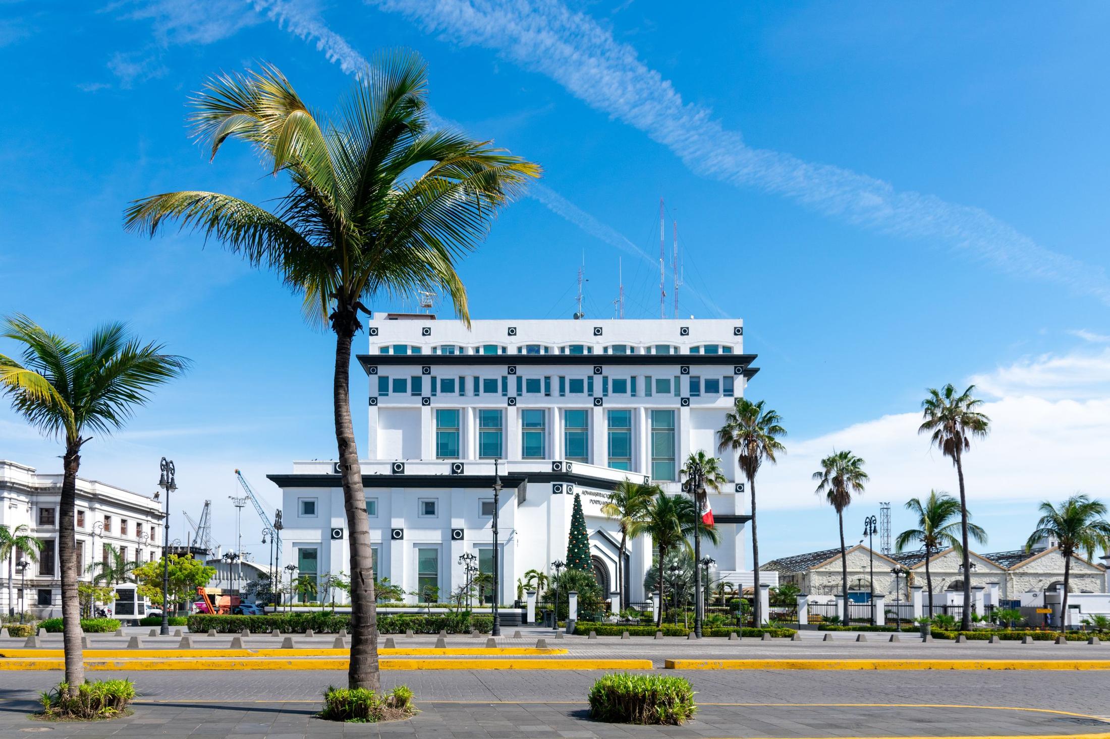 Historic building with palm trees facing the port of Veracruz